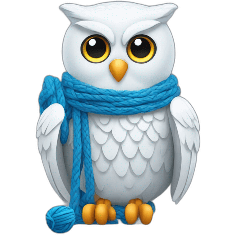 White Owl holding blue yarn ball and knitting needles emoji