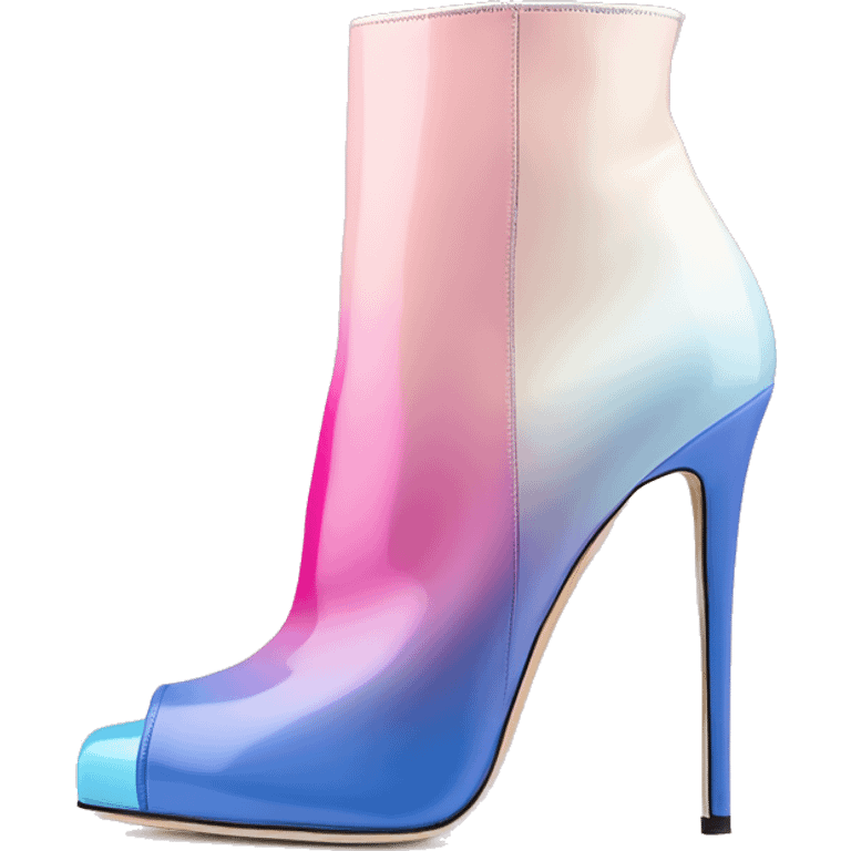 Realistic isolated top view of a pair of hot pink,periwinkle ,off white,pastel pink, and pastel blue ombre Jimmy Choo stiletto peep toe ankle boots. emoji