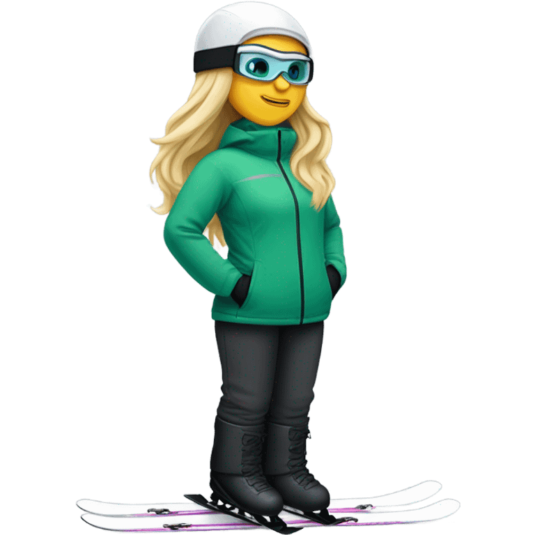 Green-eyed, fat female skier with long straight blonde hair, glasses, white ski helmet, grey snow jacket, long black pants, black only snow boots standing tall. emoji