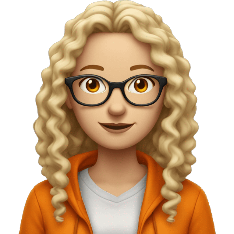 White woman with long curly hair with mischievous look and orange hoodie on. Wearing glasses but one has a dark lense and one side  is missing a lense  emoji