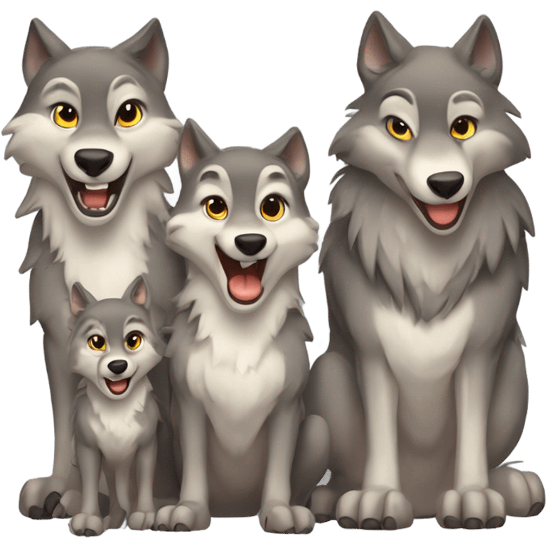 a anthropomorphic wolf with two wolf pups and a second adult wolf who is the mother. all smiling at the camera . emoji