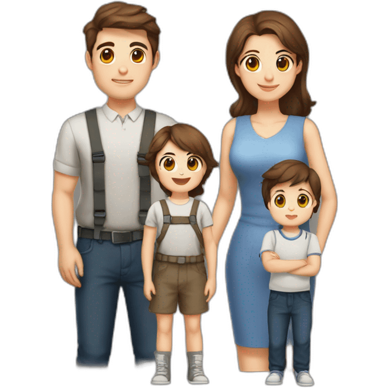 Family photo with father 28 years old 110kg space engineer with brown hair, mother school teacher 27 years old 100kg brown eyes and brown hair, baby boy 15 months brown hair emoji