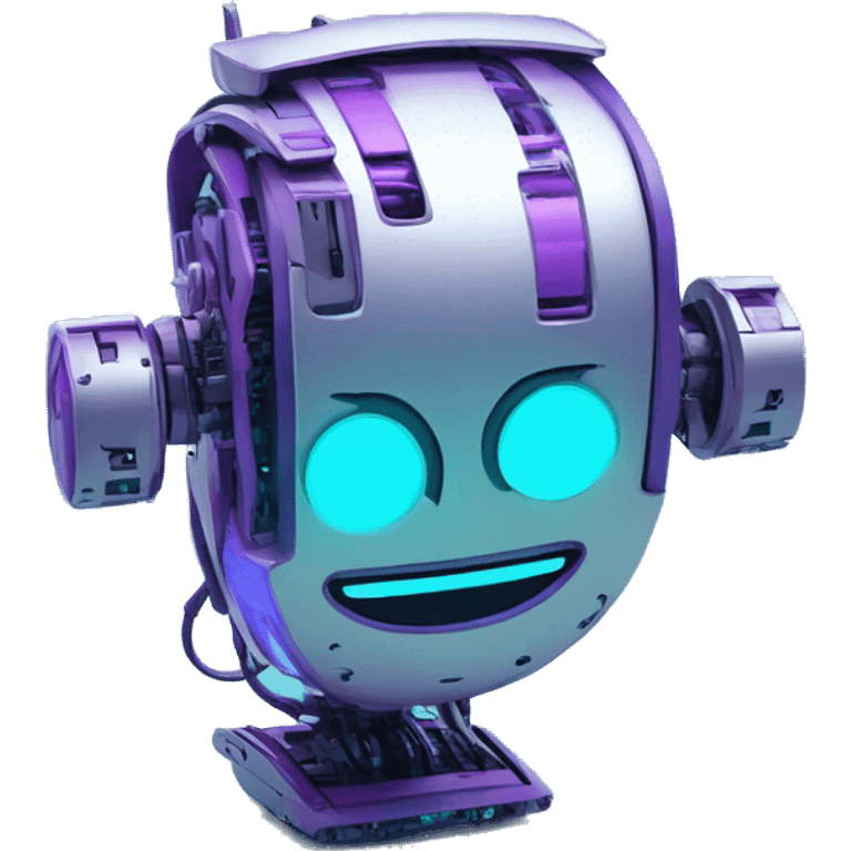 Smily face robotic scanning device, cyberpunk, cyan and purple colors, friendly, futuristic, binary code emoji