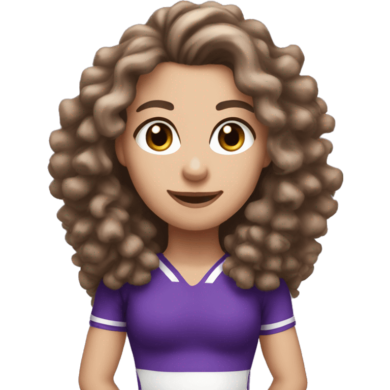 Caucasian cheerleader with long brown curly hair and purple Pom-poms emoji