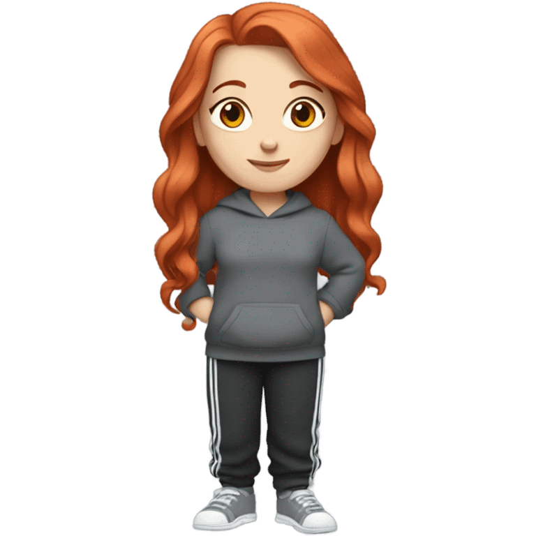 a white girl with red hair wearing lose grey sweats with a black sweater with white and grey lines  emoji