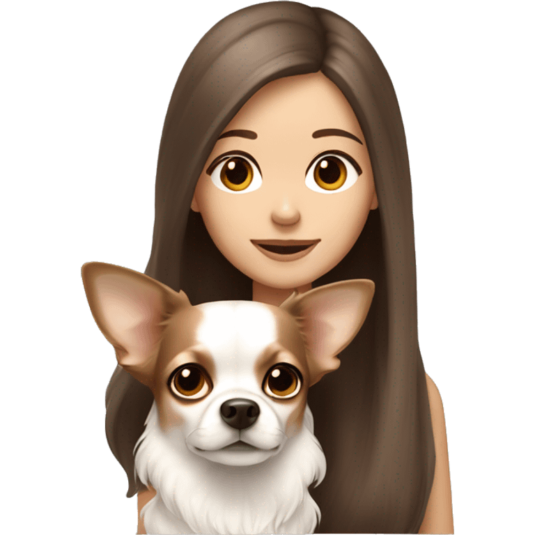 medium brown hair girl with white long haired Chihuahua (with light brown ears) emoji