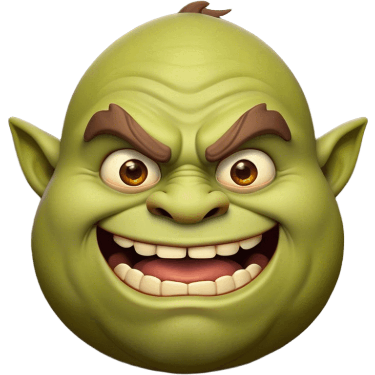 Cinematic Comical Ogre Portrait Emoji, with a strikingly exaggerated, bulky figure in vivid earthy greens and browns, head tilted in a dramatically surprised expression with wide, comically bulging eyes and a goofy, oversized grin, simplified yet hilariously exaggerated, highly detailed with a soft, cartoonish glowing outline capturing the playful absurdity of a meme-worthy ogre! emoji