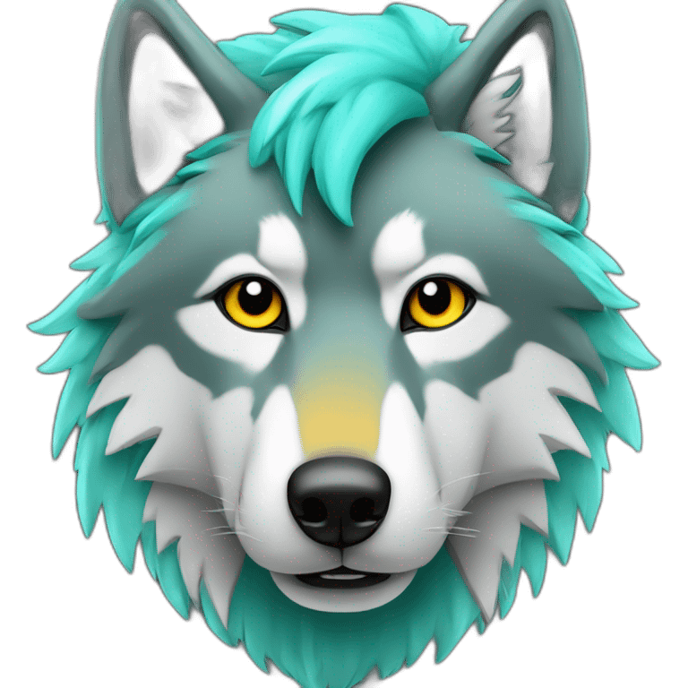 Grey Wolf head with a big yellow star paint on his right eye and a turquoise mullet haircut emoji