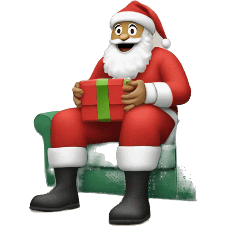 santa clause in a living room delivering presents under a christmas tree emoji