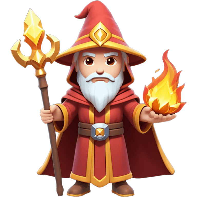 Clash of Clans aesthetic: Cinematic heroic powerful fire Wizard Hero  close up Emoji, rendered in a 3D vector-style similar to standard emojis with minimal shading and bold, simplified shapes. A compact, isometric figure draped in flowing enchanted robes and wielding a mystical staff, softly glowing with an arcane magical charm. Simplified yet unmistakably iconic, highly detailed and consistent, glowing with a soft radiant glow and high shine. Stylized with a touch of whimsical sorcery and a soft glowing outline, capturing the essence of a powerful wizard ready to cast spells with a friendly, playful spirit! emoji