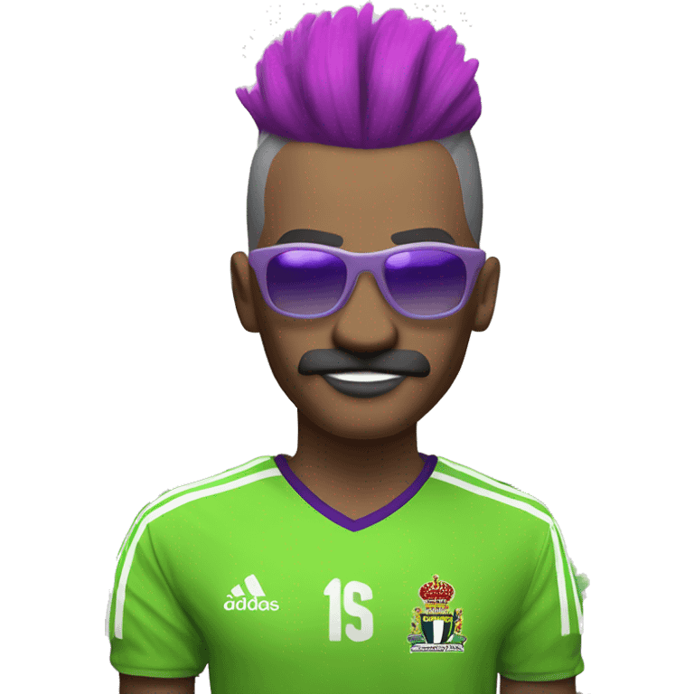  soccer player with a vibrant, multicolored mohawk hairstyle. The player  has neon green sunglasses and a thick, purple mustache. The jersey should be red with an Adidas logo and a team crest on the chest. Include tattoos on the player’s arms  emoji