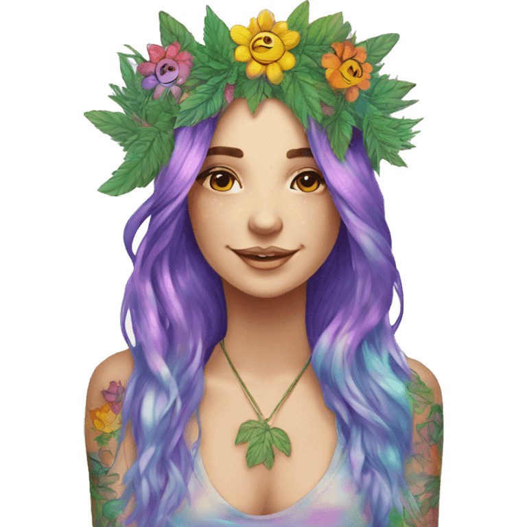 420 Tie dye hippie person flower crown tattoos hemp leaves metallic iridescent holographic emoji