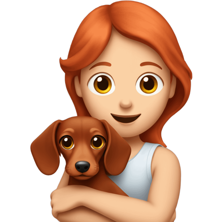 Red dachshund being held by  red-haired girl emoji