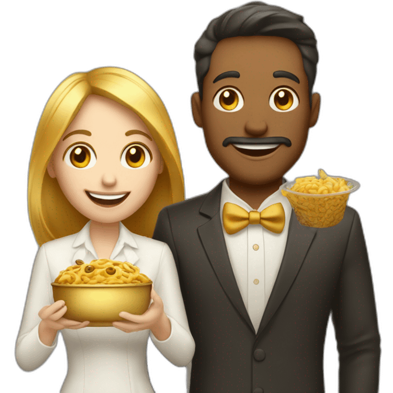 golden modern man and woman friends with camera in one hand and food in other hand, happy smiling emoji