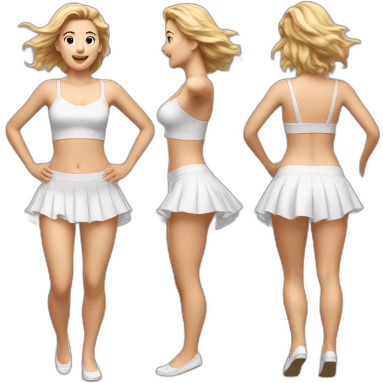 hyperrealistic-full-body-caucasian-curvy-beauty-jumping-small white-skirt-back-and-front-views-strong-wind-knickers emoji