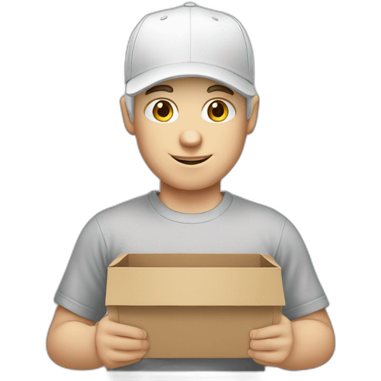 Pale skinned Man in a white cap and gray T-shirt with a box into his hands emoji