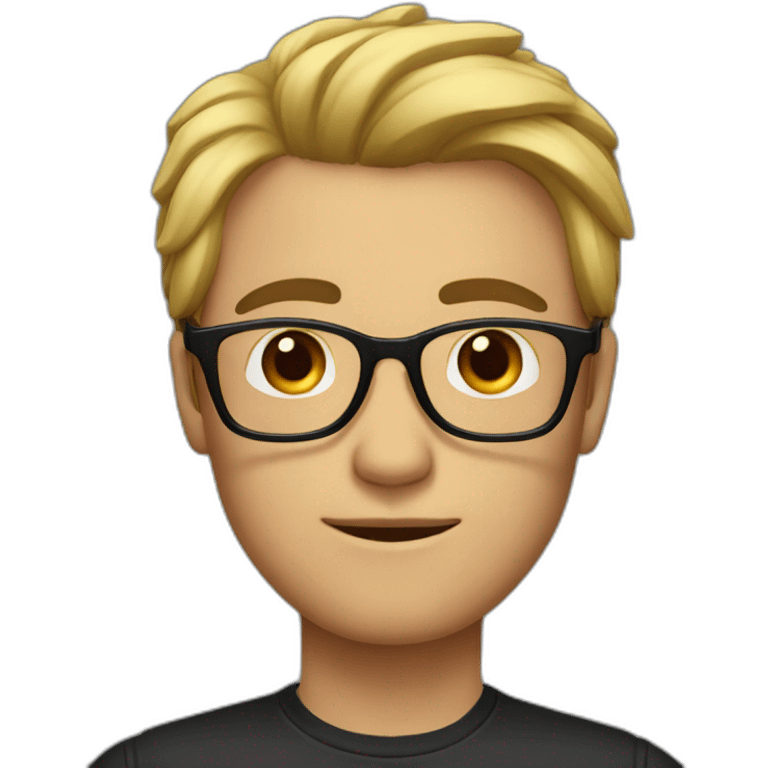 man with square glasses and combed hair with black hair emoji