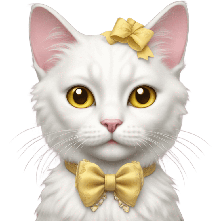 Realistic white cat with yellow eyes with vintage rococo with pink bow emoji