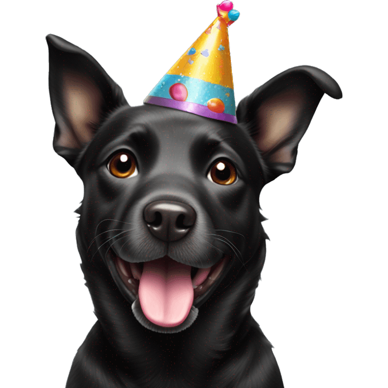 black dog with birthday hat and tongue out emoji