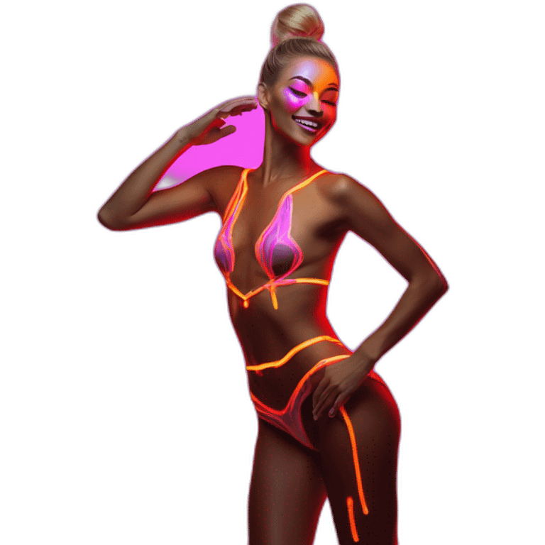 Sexy Neon sign shows caucasian model dancer in tasteful body paint from side emoji