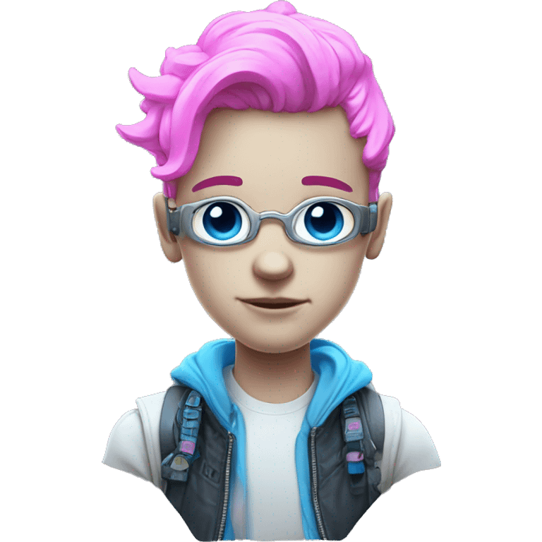 3D Emoji of a cyberpunk white boy. Pink and Blue neon emoji