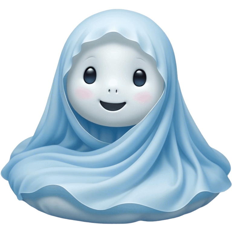 An adorable, peacefully floating sheet-like ghost in gentle pastel whites and blues, its soft, rounded form loosely draped, head resting with closed, serene sparkling eyes and a tiny, contented smile, simplified yet irresistibly charming, highly detailed, with a soft glowing outline that captures the essence of a sleepy, endearing spirit wrapped in cozy slumber! emoji