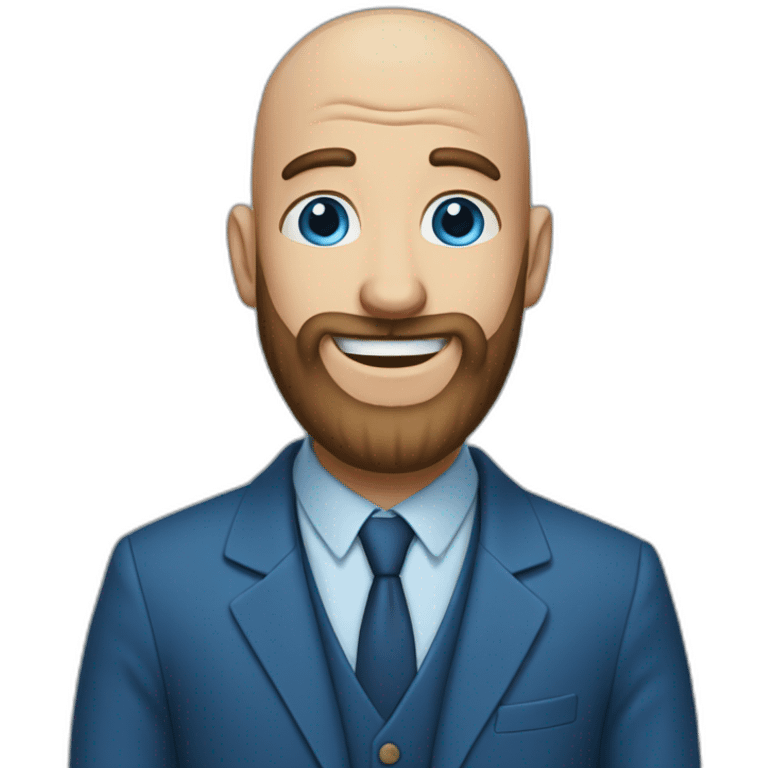 blue-eyed full smile aching bald man with a long beard in a blue suit emoji