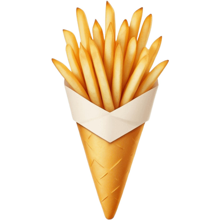 Belgian Fries Cinematic Realistic Belgian Fries Dish Emoji, depicted as a generous serving of crispy fries neatly presented in a white paper cone, rendered with vivid textures and appetizing, natural lighting. emoji