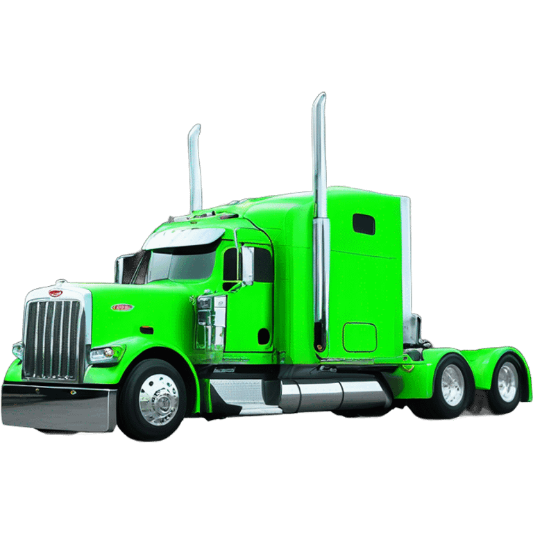 neon green peterbilt semi truck lowered on the ground with large chrome wheels and chrome smoke stacks profile view emoji