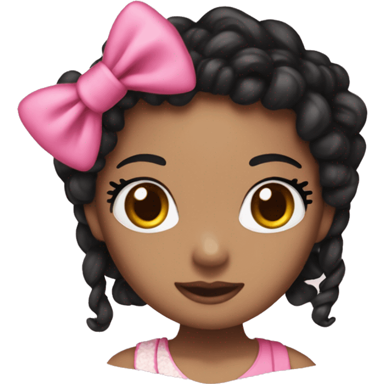 brown hello kitty with long black curly braids with pink bows on them emoji