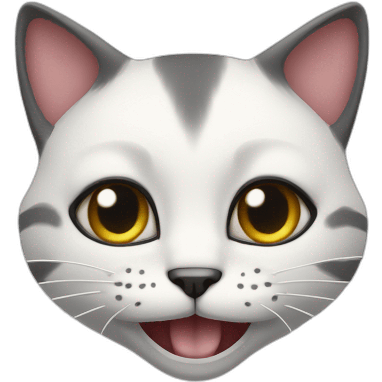 A cat is showing hear tooth.  Her tooth are withe and shining and the vat mood is very pokerface  emoji