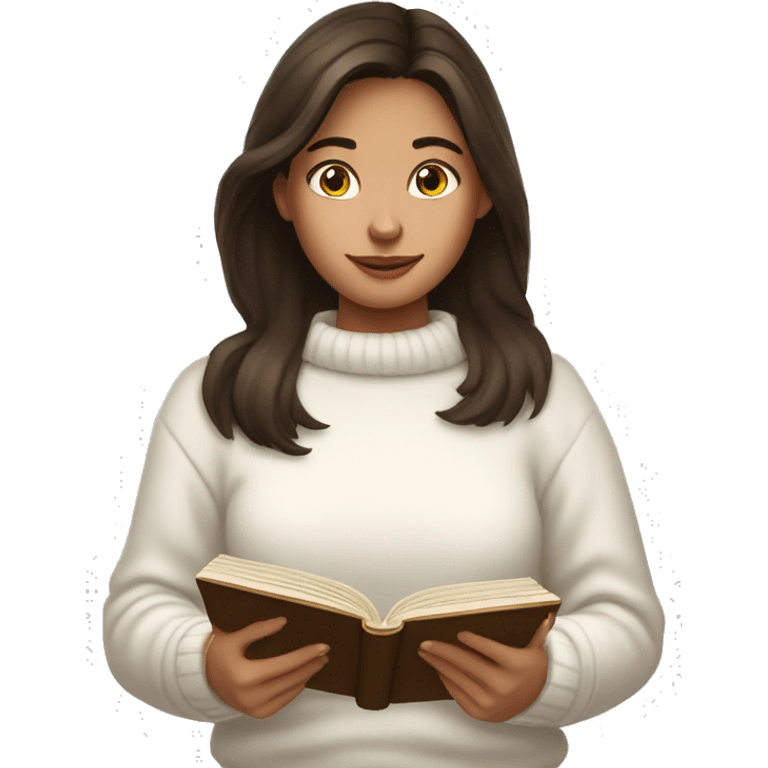 brunette girl in a white sweater is reading a book in her hands emoji