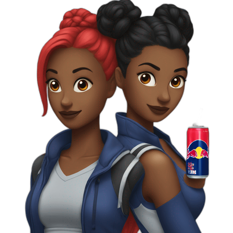 A black girl and black hair in a bun drinking Red Bull emoji