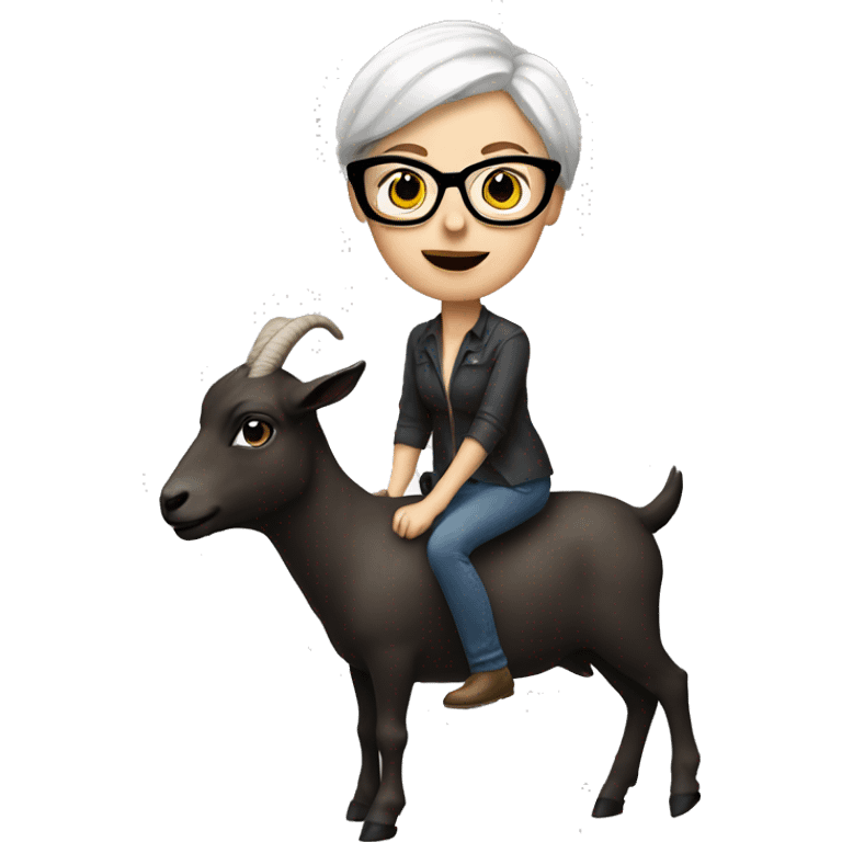 White woman with really short hair and glasses riding a goat emoji