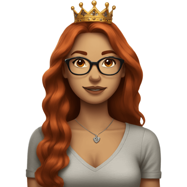 Beautiful girl with long auburn hair, wearing glasses and a crown, and tattoos emoji