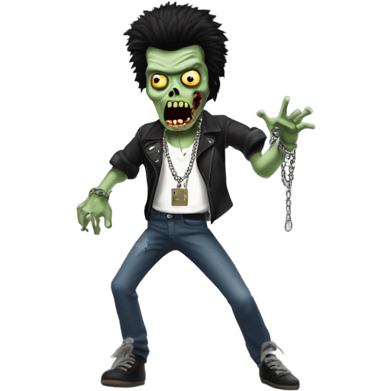 dancing black haired sid vicious zombie, wearing a necklace which has a padlock on it emoji