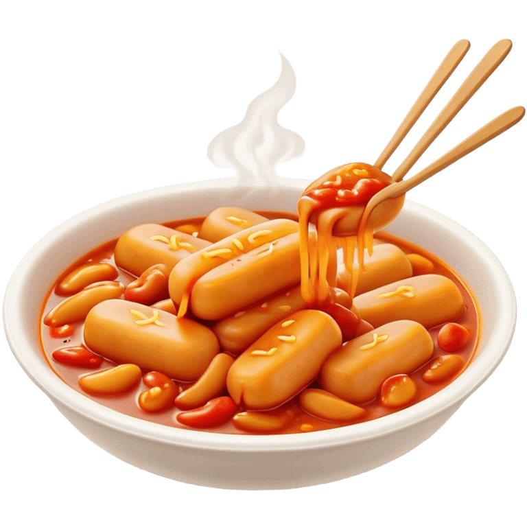 Cinematic Realistic Tteokbokki Dish Emoji, showcasing spicy, chewy rice cakes in a fiery sauce rendered with lifelike detail and bold, dynamic lighting. emoji