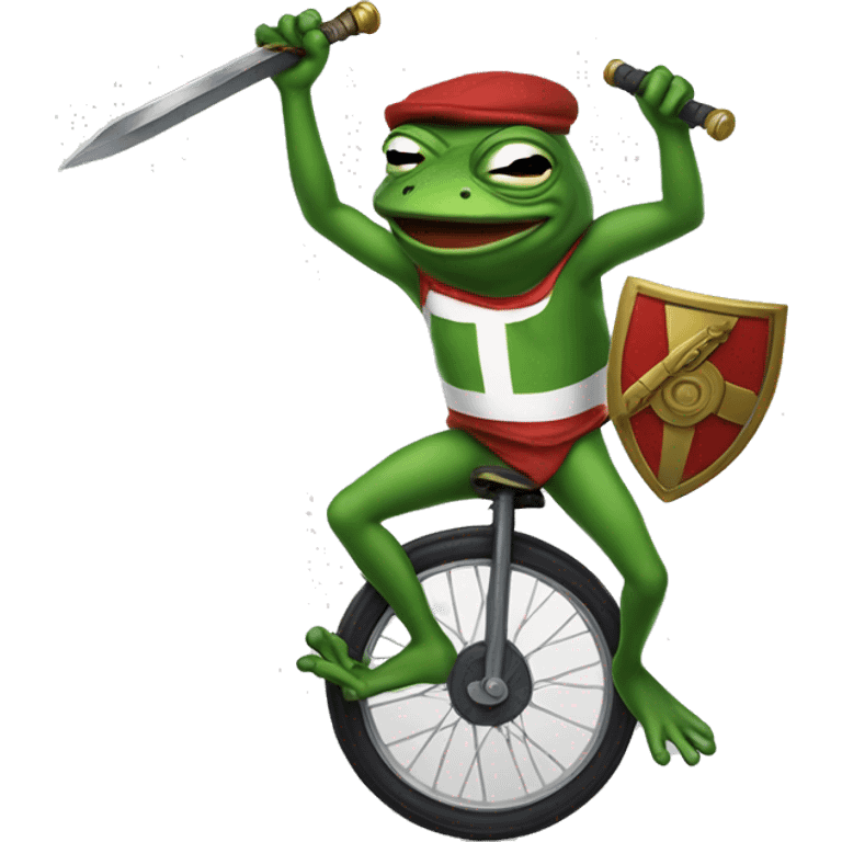 pepe the frog on a unicycle with a sword and shield emoji