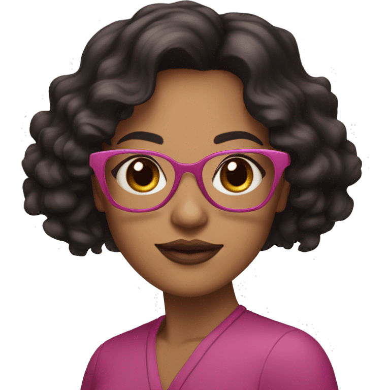 brunette woman with brown eyes, black, wavy hair, with pink glasses and short pink lips emoji