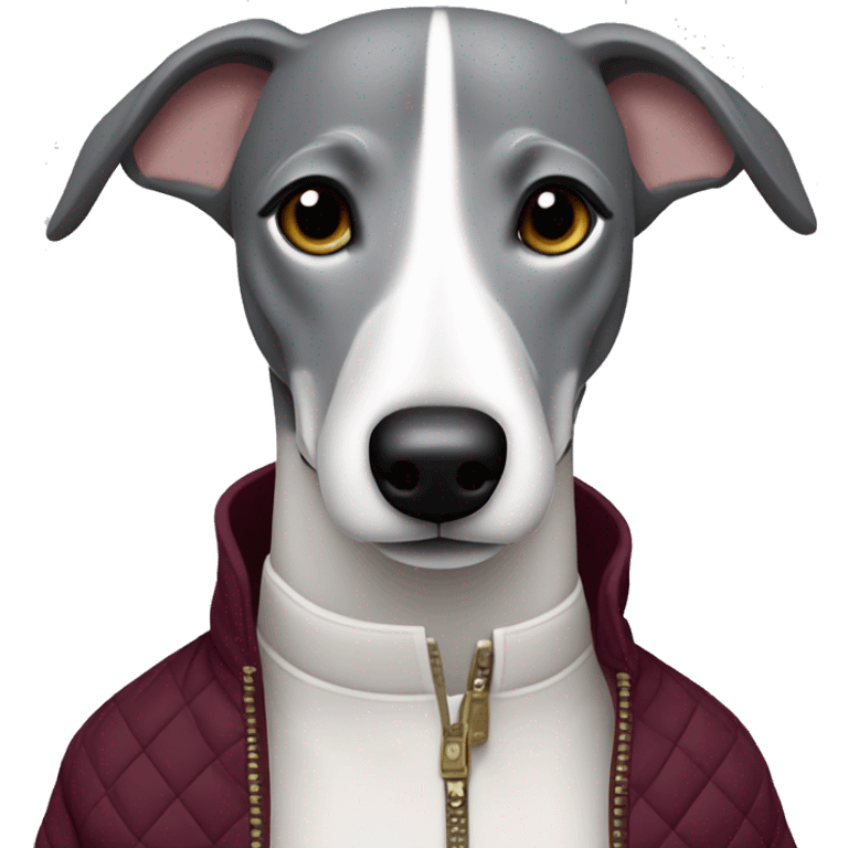 Grey and white whippet in burgundy quilted jacket emoji