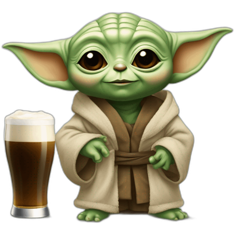 Bébé Yoda avec du café et de la bière en tenue de chambre qui danse sur elon mosk emoji