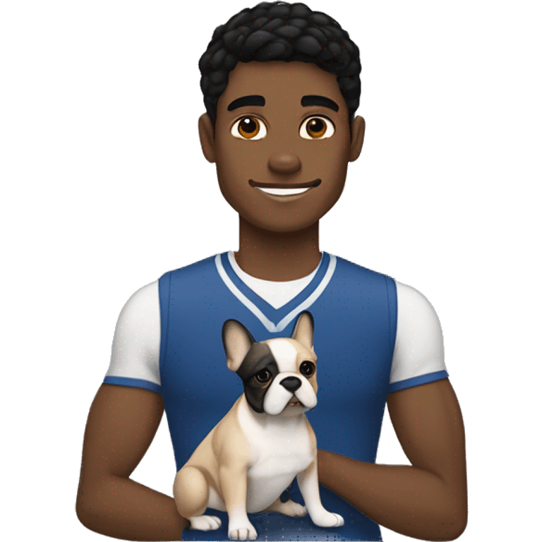 athletic light skin male with short black hair holding a brindle colored french bulldog emoji