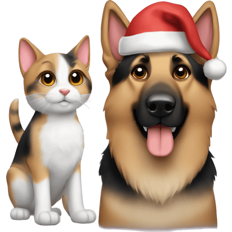 A German shepherd dog and a calico cat in Santa hats emoji