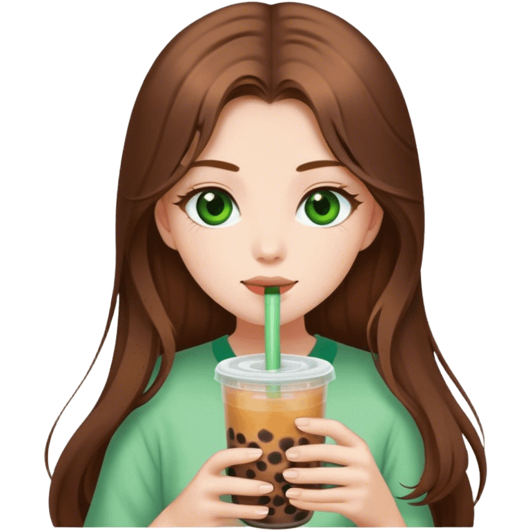 brown haired with long hair girl with green eyes and white skin drinking a boba tee drink.  emoji