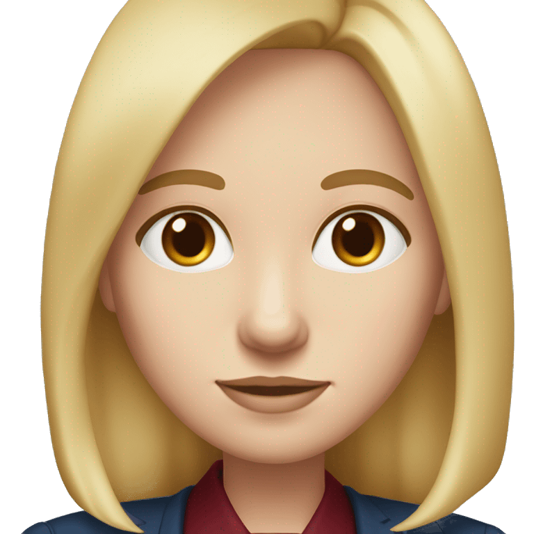 portrait of an adult girl, blue eyes, straight long bob blond hair, dark blue jacket suit, burgundy red shirt under emoji