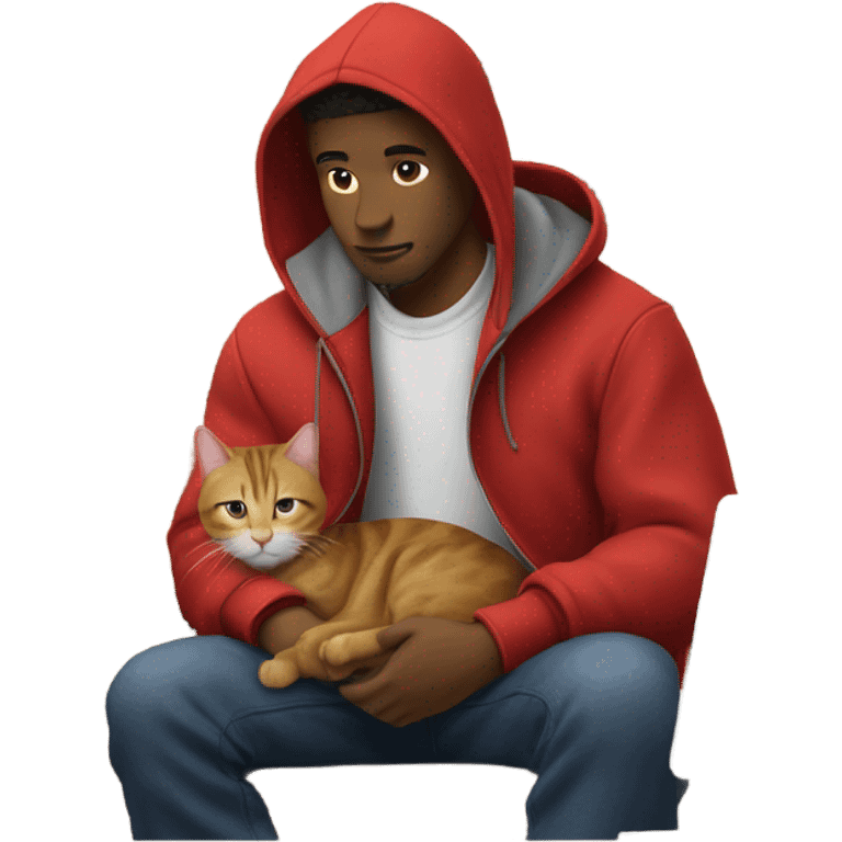 man in a carhartt coat with a red hoodie on and a tabby cat in his lap in a home office  emoji