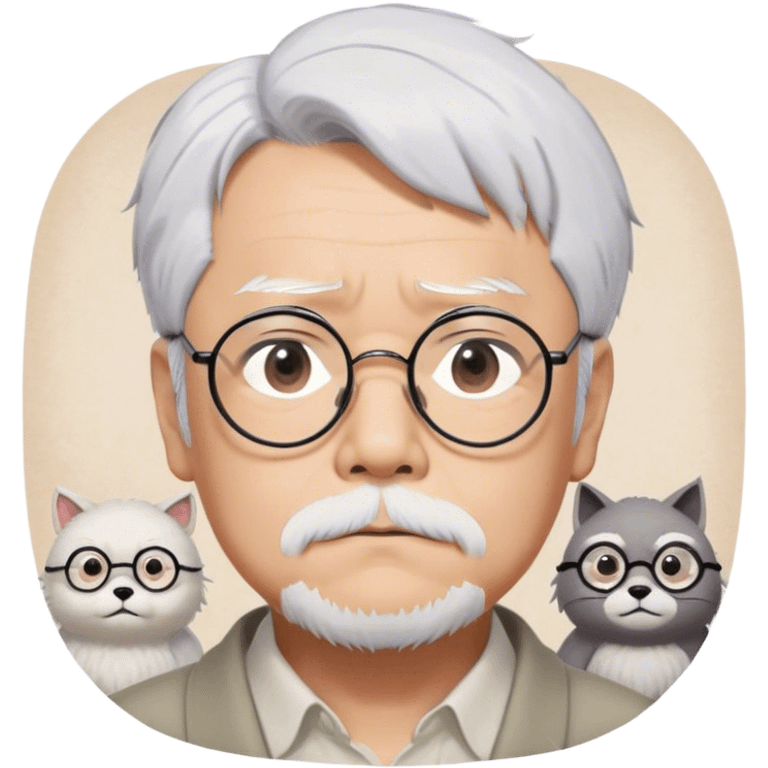 ​Cinematic Realistic Portrait of Hayao Miyazaki, depicted with striking white hair, defined black eyebrows, and large rectangular glasses, his thoughtful expression rendered in lifelike detail against a background of whimsical Studio Ghibli-inspired sketches, illuminated with soft, realistic lighting that emphasizes his creative genius, emoji