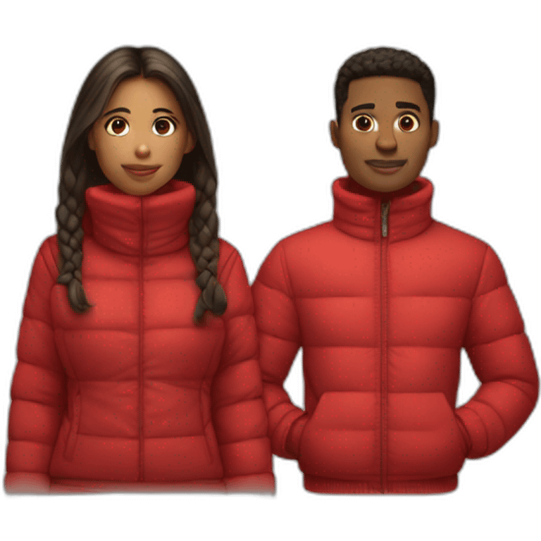 a girl with red turtle neck and a guy next to her with a puff jacket from their back emoji