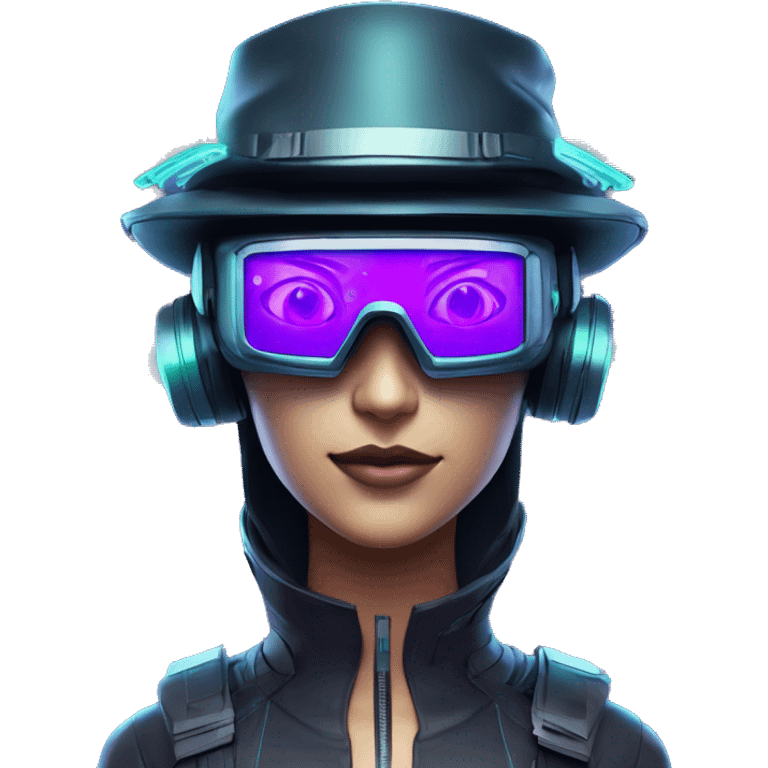 Secret humanoid agent in a futuristic hat with in Apple VR goggles headset code display on the goggles , cyberpunk, cyan and purple colors, only upper body portrait, front facing the camera  emoji