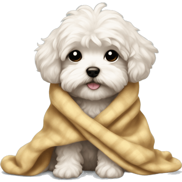 really sad crying maltipoo puppy in blanket cuddled up emoji